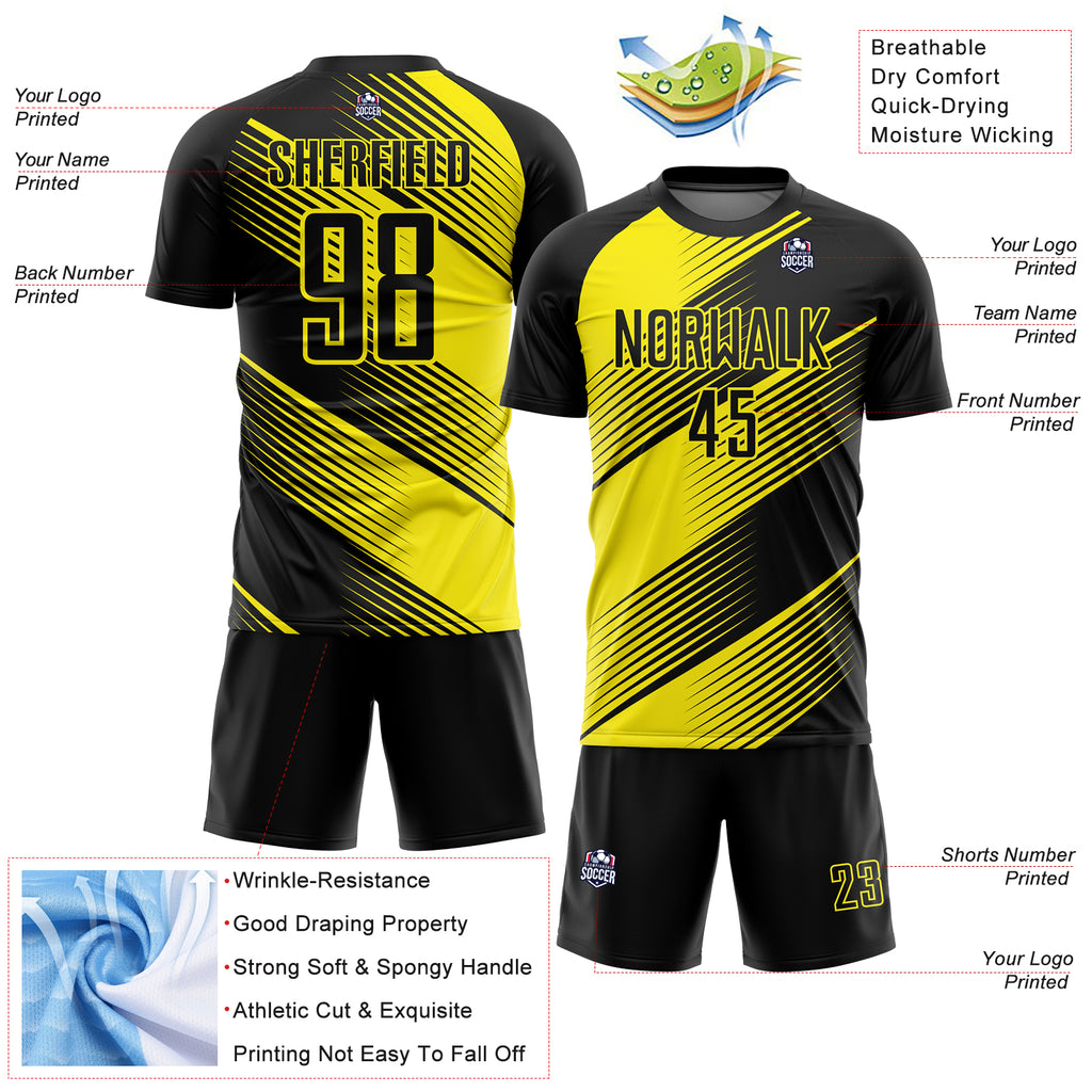 Custom Black Light Yellow Line Sublimation Soccer Uniform Jersey