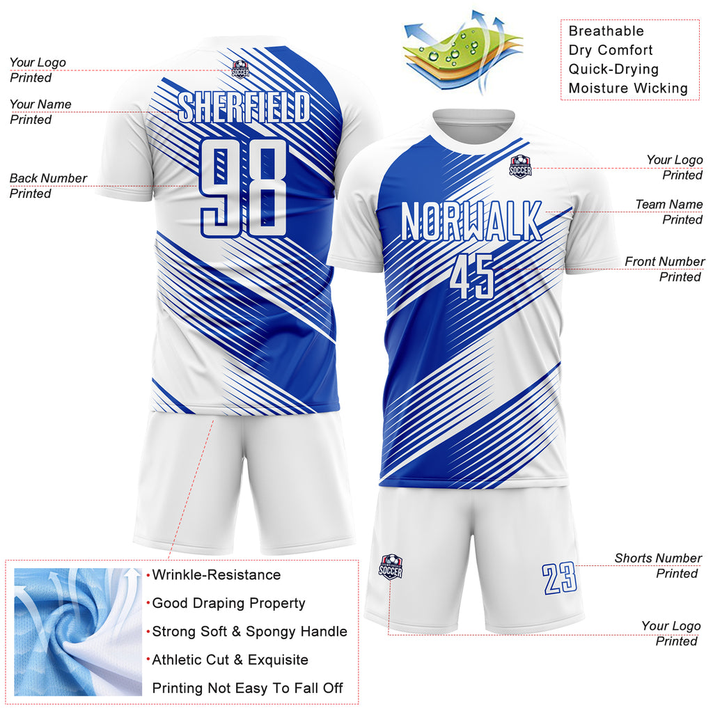 Custom White Thunder Blue Line Sublimation Soccer Uniform Jersey