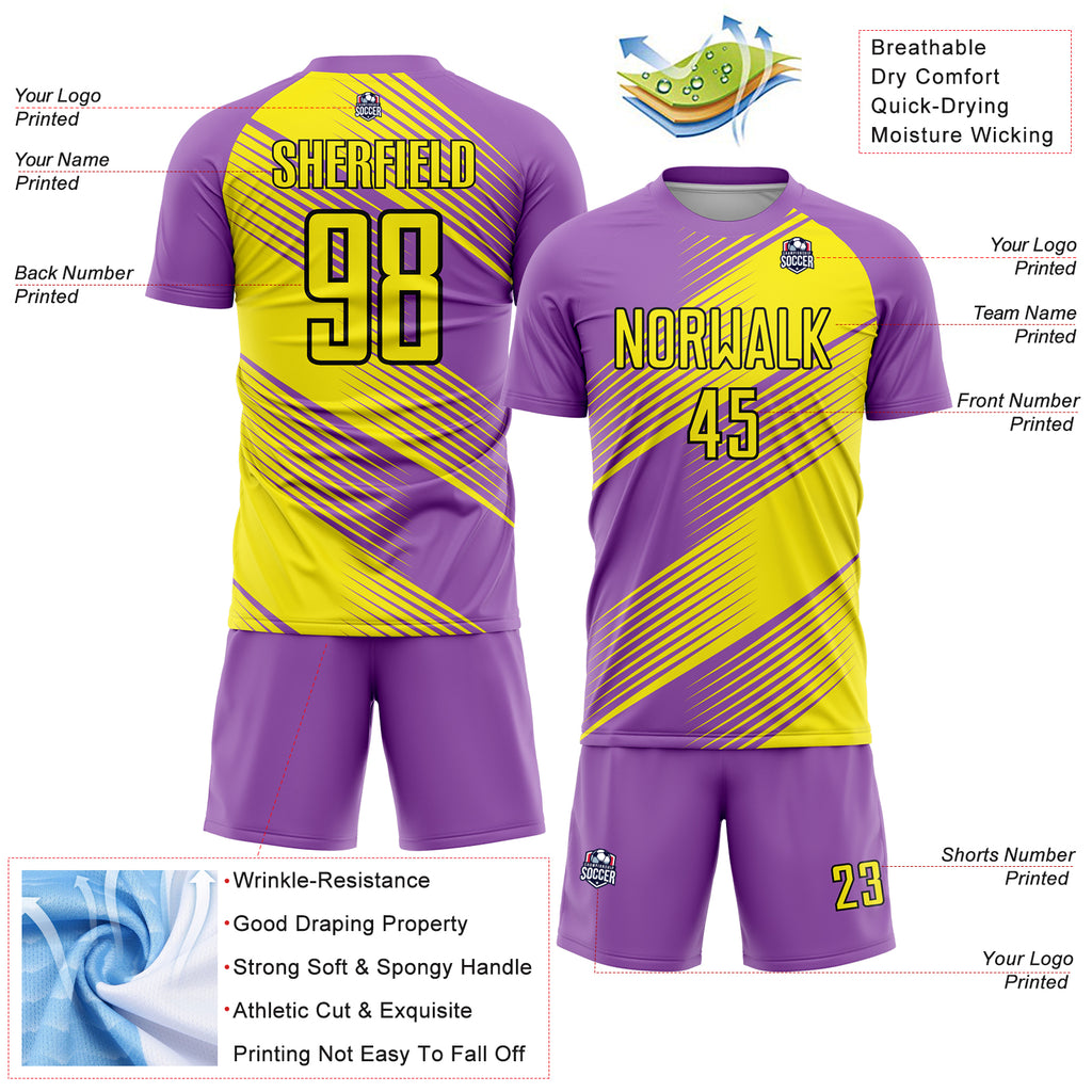 Custom Medium Purple Light Yellow-Black Line Sublimation Soccer Uniform Jersey