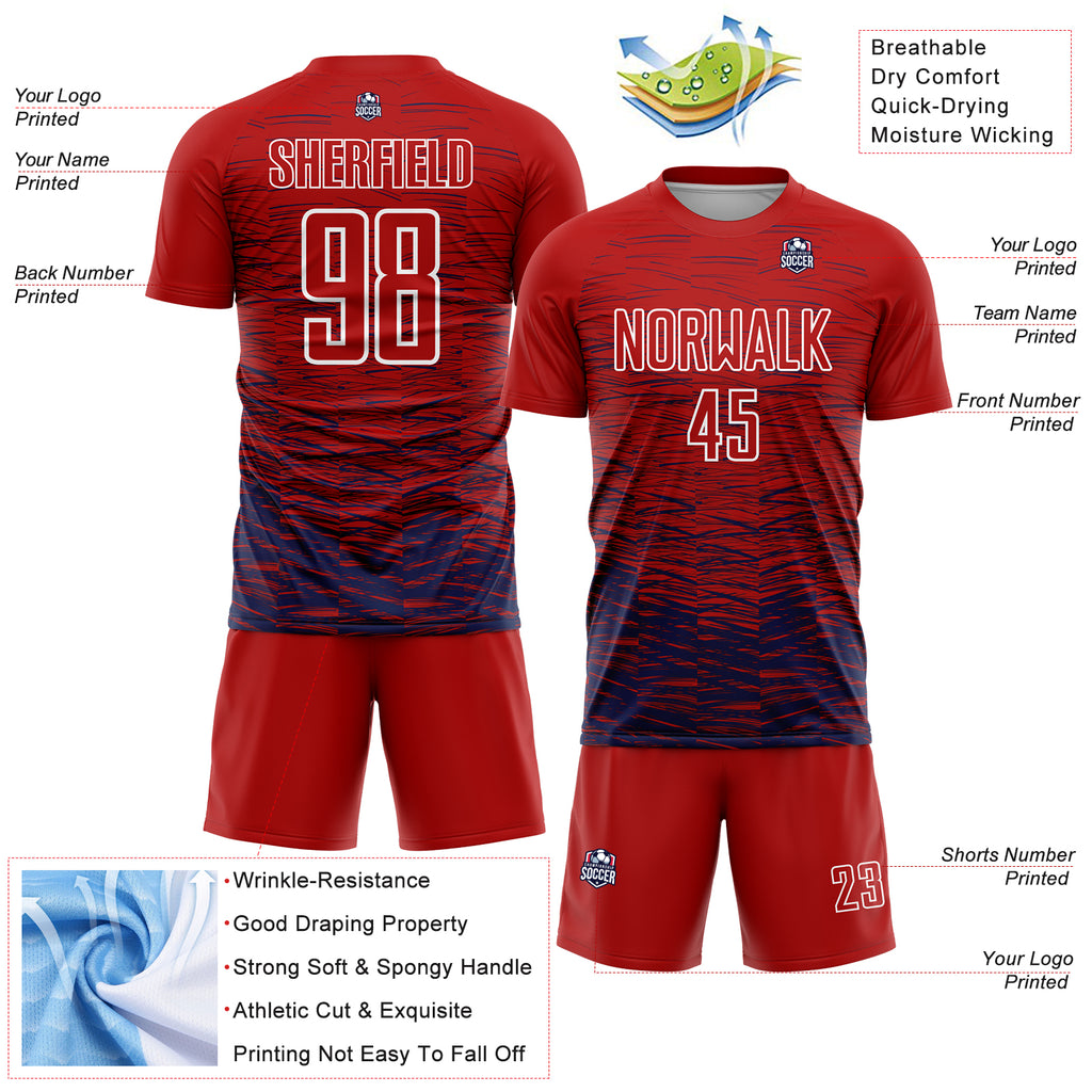 Custom Red Navy-White Line Sublimation Soccer Uniform Jersey