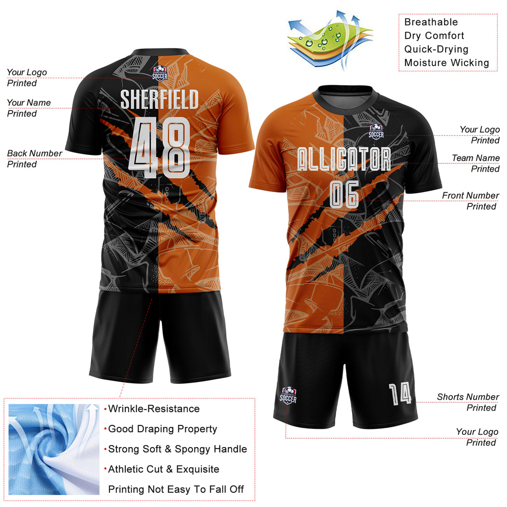 Custom Graffiti Pattern Black-Texas Orange Scratch Sublimation Soccer Uniform Jersey