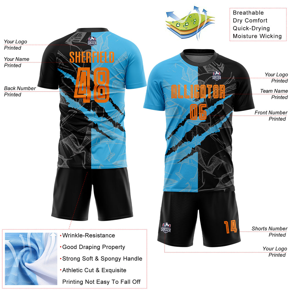 Custom Graffiti Pattern Bay Orange Black-Sky Blue Scratch Sublimation Soccer Uniform Jersey