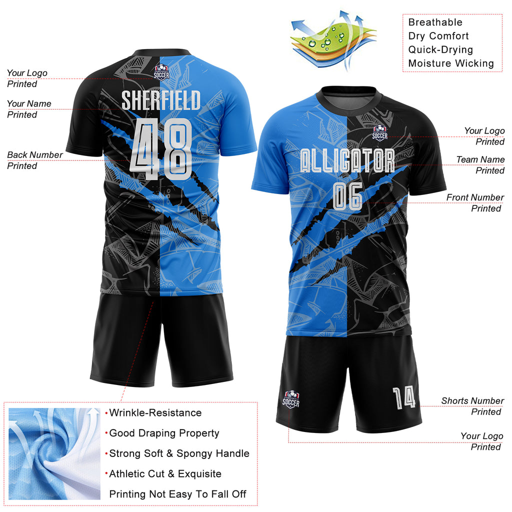 Custom Graffiti Pattern Black-Powder Blue Scratch Sublimation Soccer Uniform Jersey