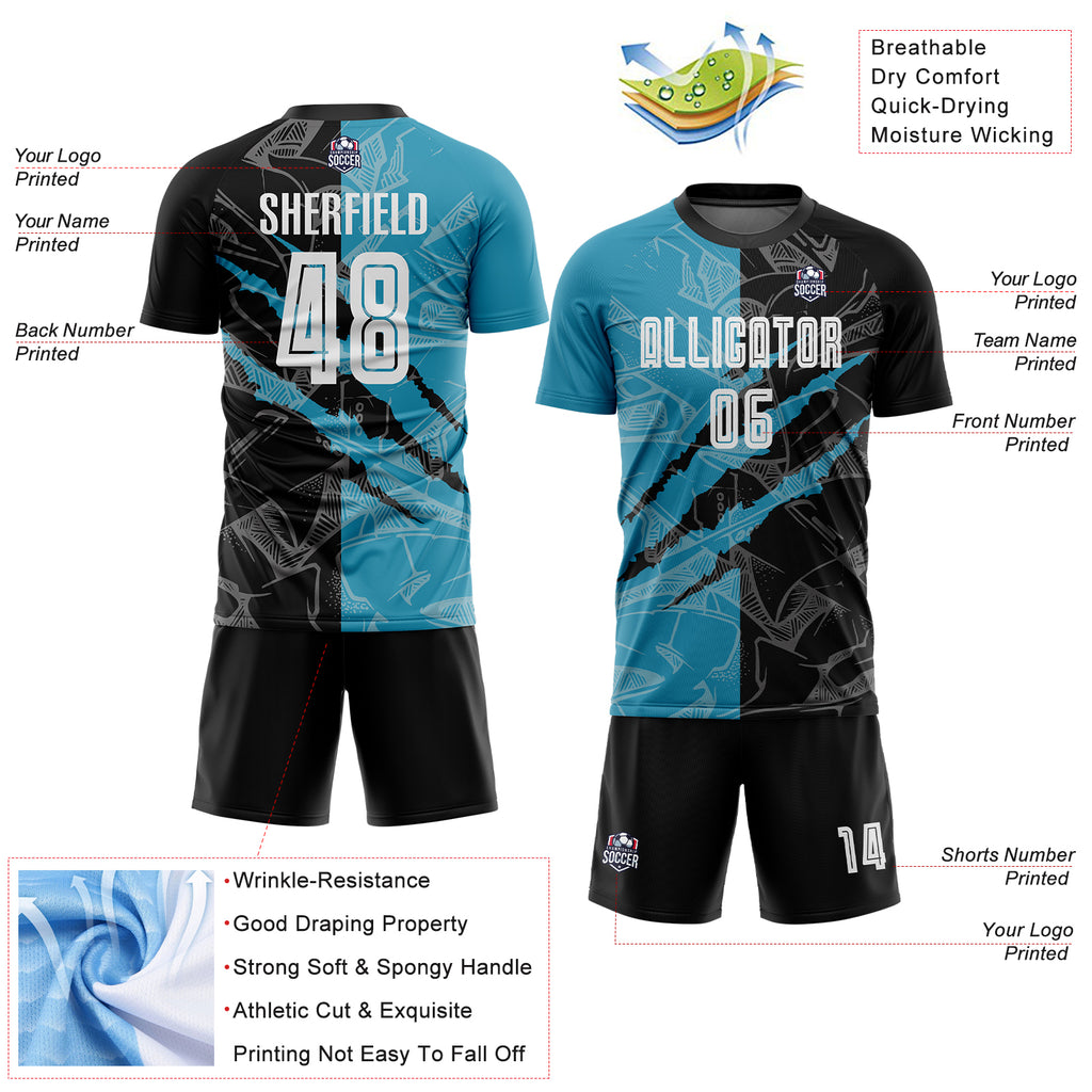 Custom Graffiti Pattern Black-Panther Blue Scratch Sublimation Soccer Uniform Jersey