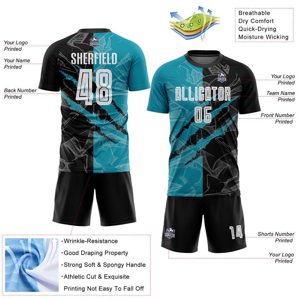 Custom Graffiti Pattern Black-Teal Scratch Sublimation Soccer Uniform Jersey