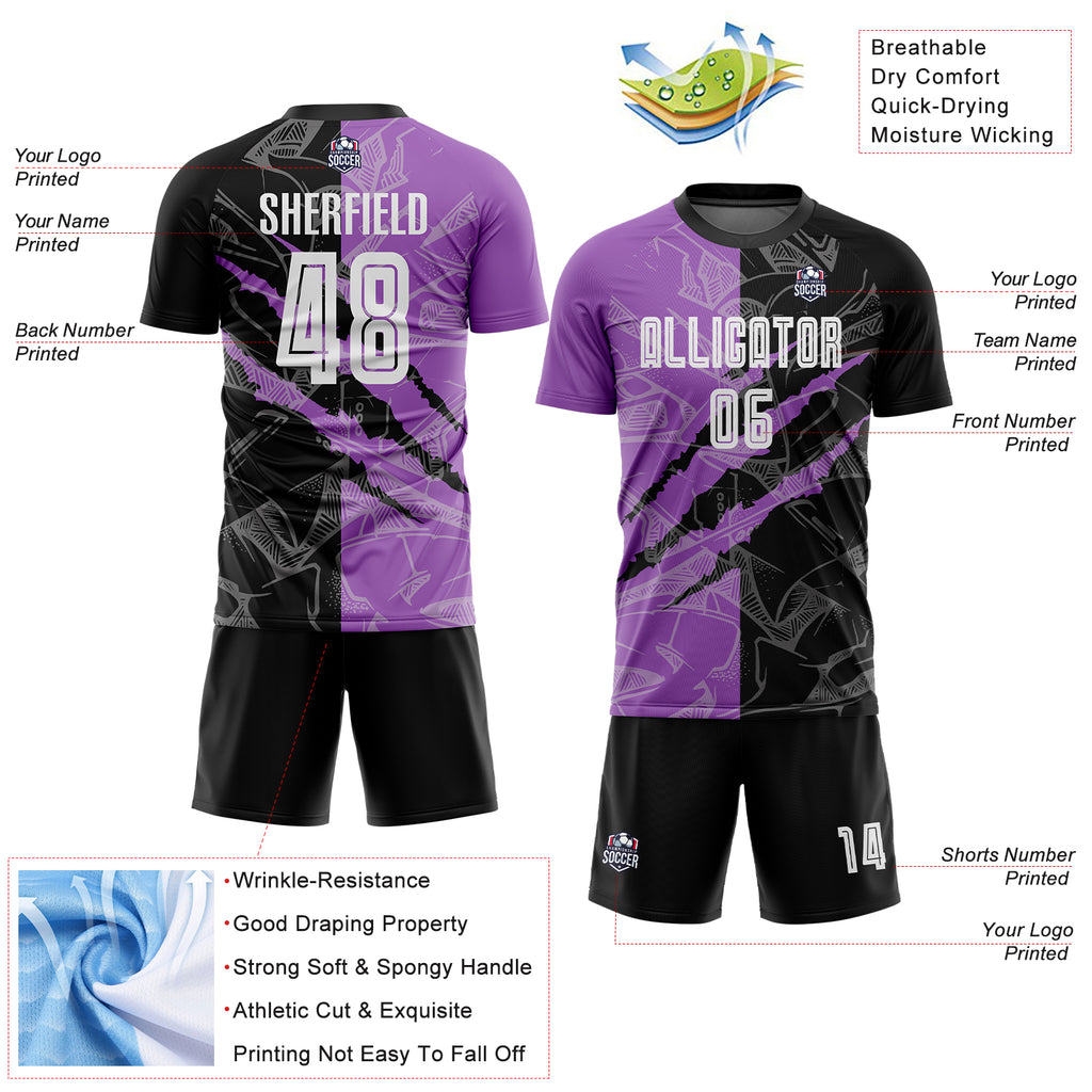 Custom Graffiti Pattern Black-Medium Purple Scratch Sublimation Soccer Uniform Jersey