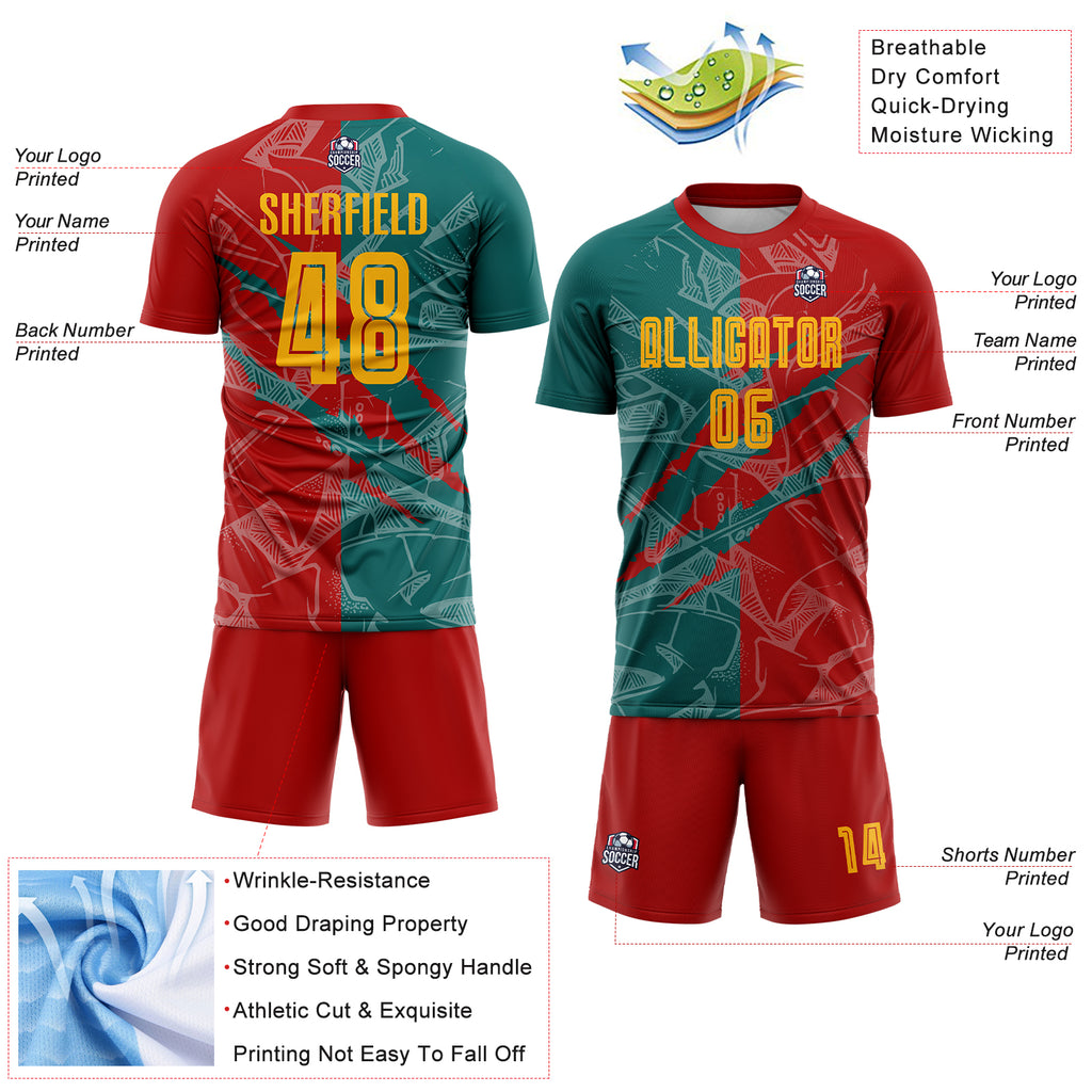 Custom Graffiti Pattern Yellow Red-Teal Scratch Sublimation Soccer Uniform Jersey