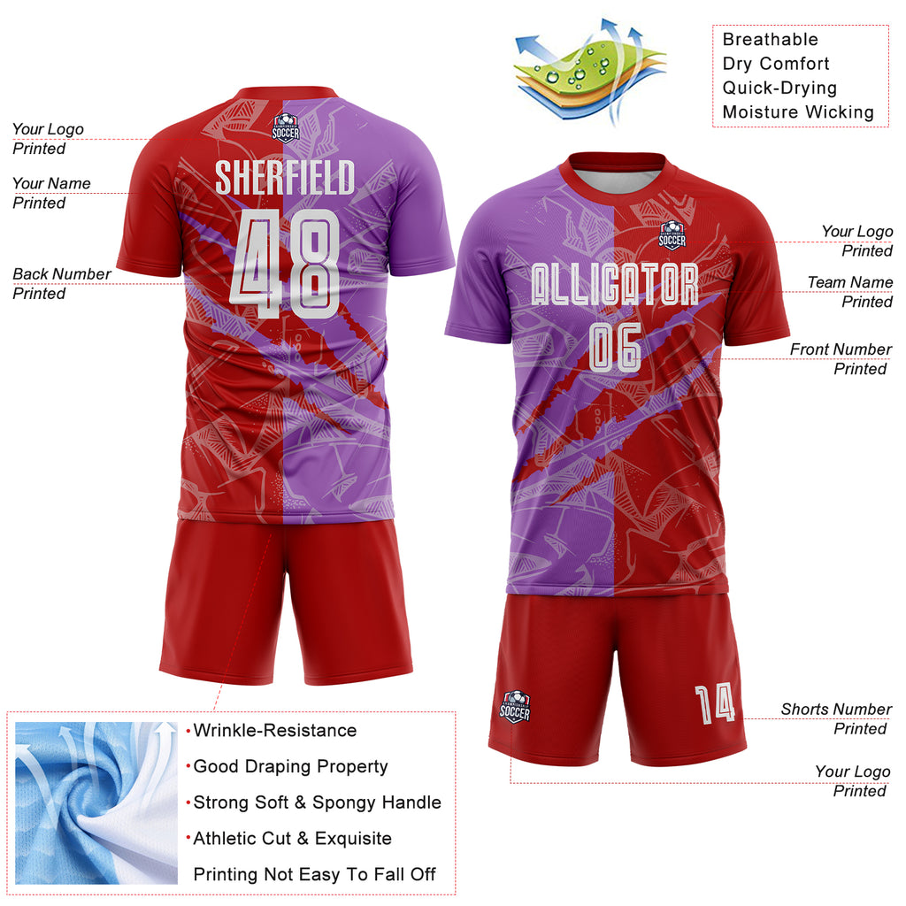 Custom Graffiti Pattern Red-Medium Purple Scratch Sublimation Soccer Uniform Jersey