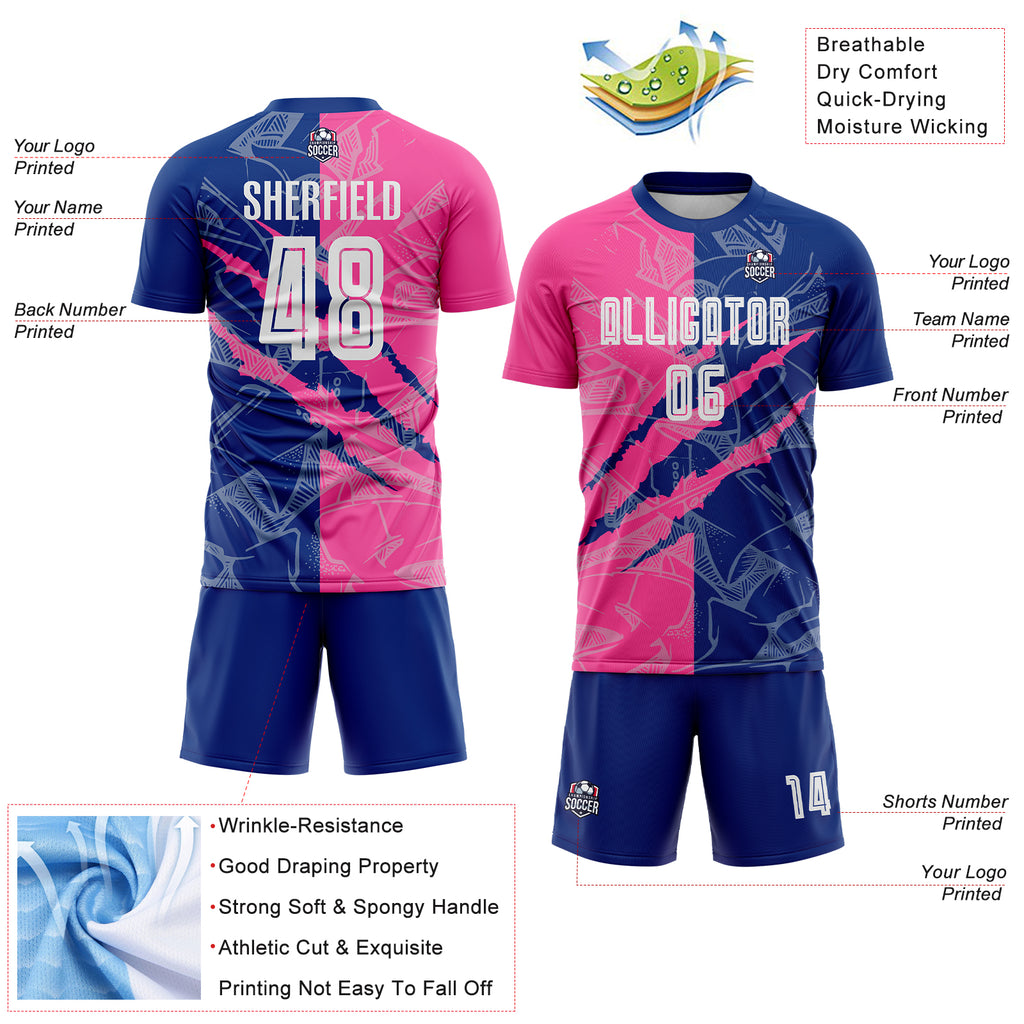 Custom Graffiti Pattern Pink-Royal Scratch Sublimation Soccer Uniform Jersey