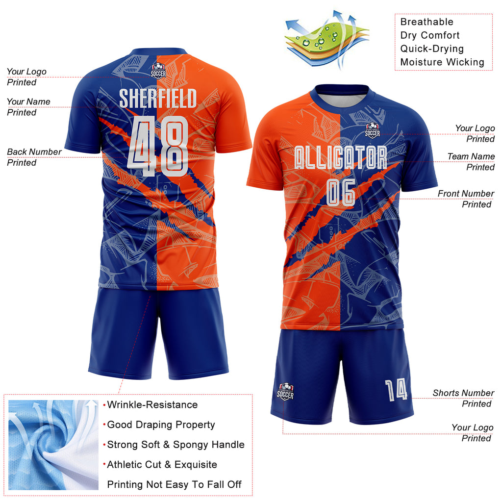 Custom Graffiti Pattern Royal-Orange Scratch Sublimation Soccer Uniform Jersey