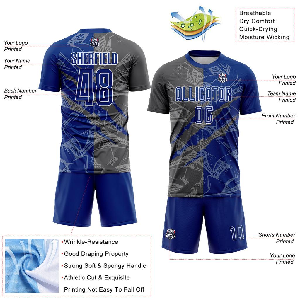 Custom Graffiti Pattern Royal-Steel Gray Scratch Sublimation Soccer Uniform Jersey