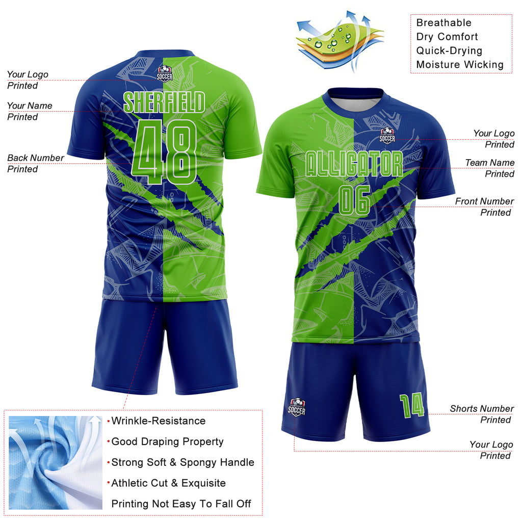 Custom Graffiti Pattern Aurora Green-Royal Scratch Sublimation Soccer Uniform Jersey