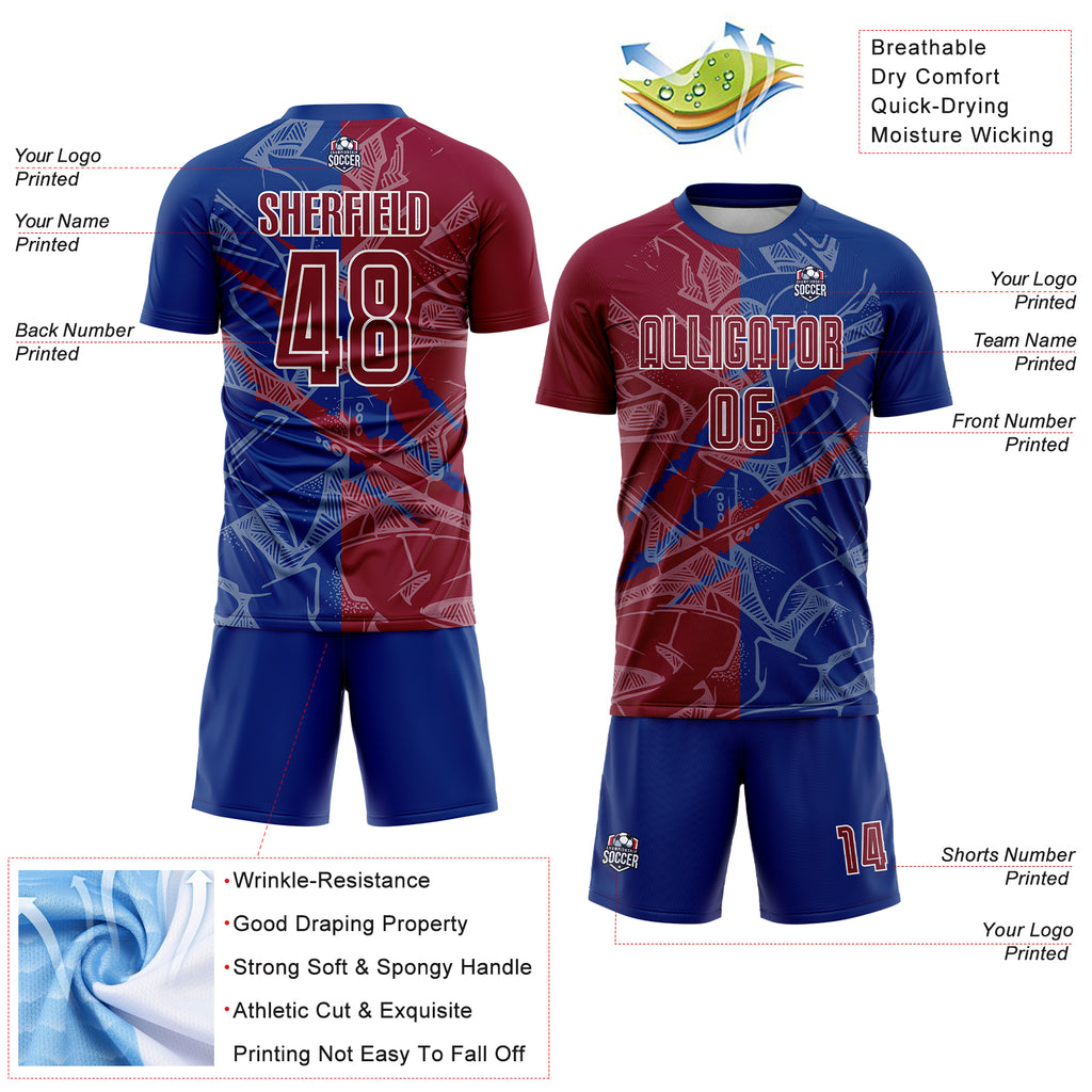 Custom Graffiti Pattern Maroon-Royal Scratch Sublimation Soccer Uniform Jersey