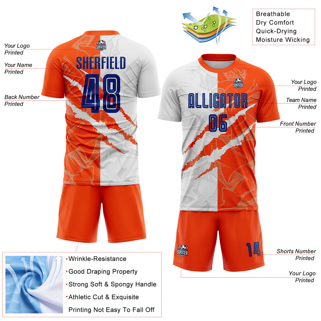 Custom Graffiti Pattern Royal-Orange Scratch Sublimation Soccer Uniform Jersey