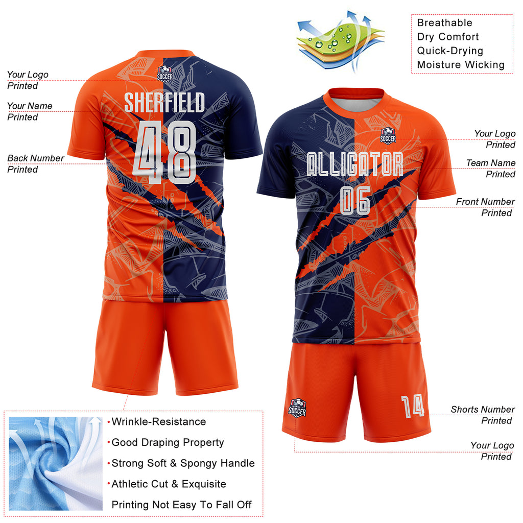 Custom Graffiti Pattern Navy-Orange Scratch Sublimation Soccer Uniform Jersey