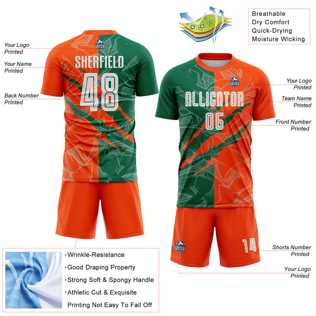 Custom Graffiti Pattern Kelly Green-Orange Scratch Sublimation Soccer Uniform Jersey