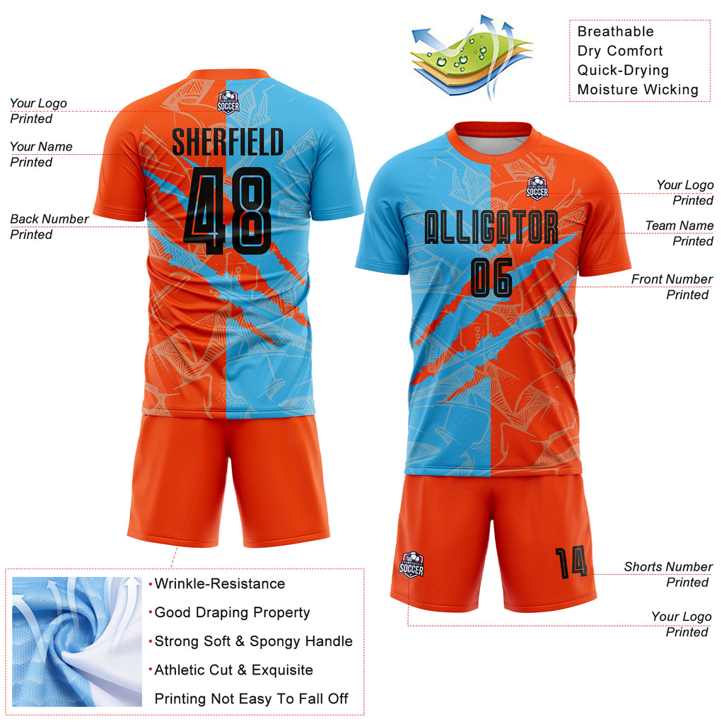 Custom Graffiti Pattern Black Sky Blue-Orange Scratch Sublimation Soccer Uniform Jersey