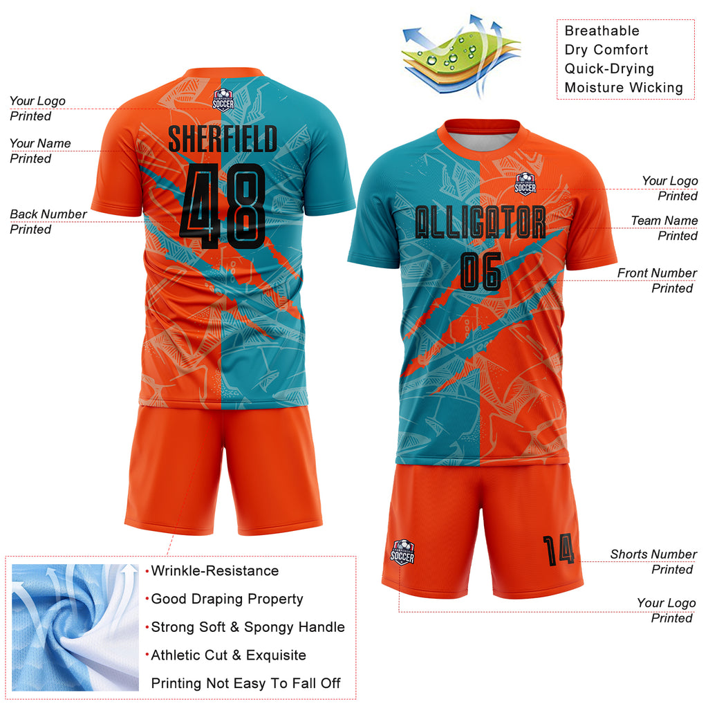 Custom Graffiti Pattern Black Teal-Orange Scratch Sublimation Soccer Uniform Jersey