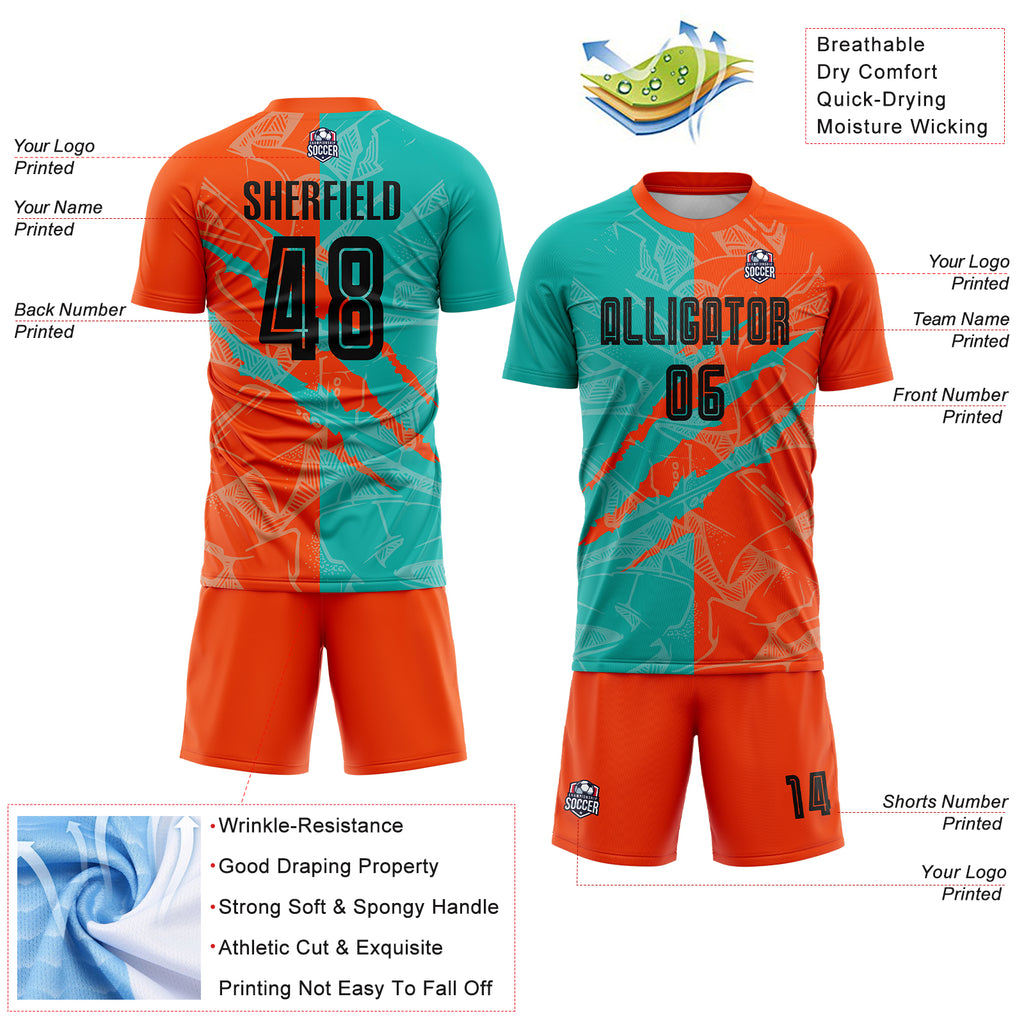 Custom Graffiti Pattern Black Aqua-Orange Scratch Sublimation Soccer Uniform Jersey