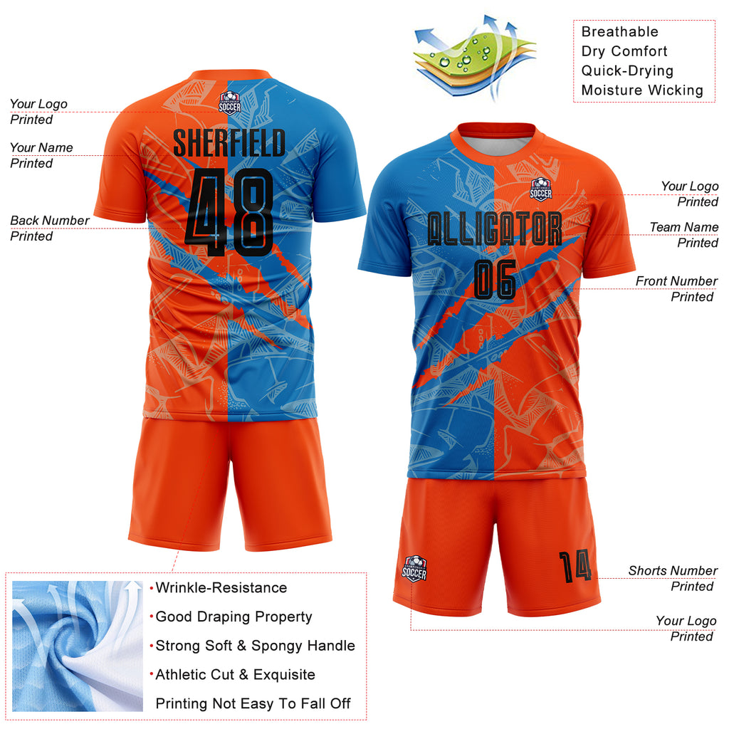 Custom Graffiti Pattern Black Blue-Orange Scratch Sublimation Soccer Uniform Jersey