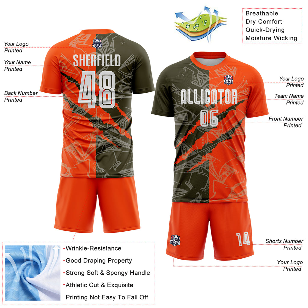 Custom Graffiti Pattern Olive-Orange Scratch Sublimation Soccer Uniform Jersey