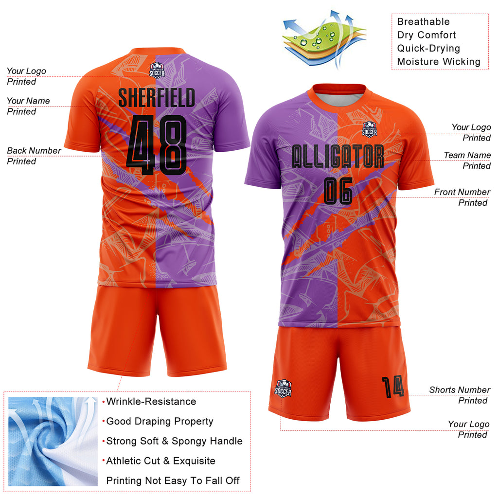 Custom Graffiti Pattern Black Medium Purple-Orange Scratch Sublimation Soccer Uniform Jersey