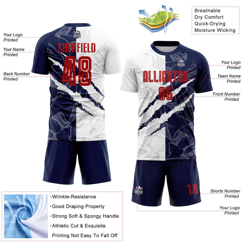 Custom Graffiti Pattern Red-Navy Scratch Sublimation Soccer Uniform Jersey