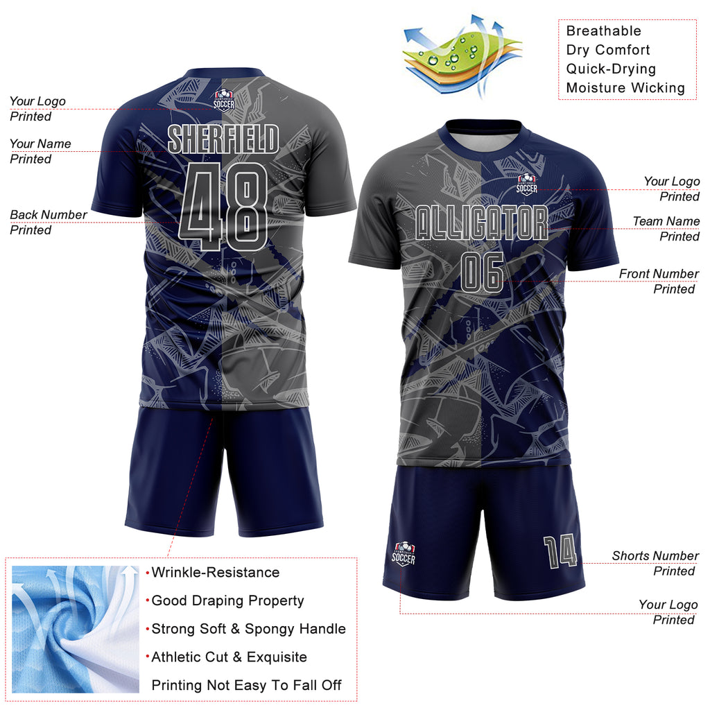 Custom Graffiti Pattern Steel Gray-Navy Scratch Sublimation Soccer Uniform Jersey