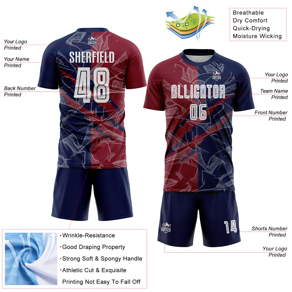 Custom Graffiti Pattern Crimson-Navy Scratch Sublimation Soccer Uniform Jersey