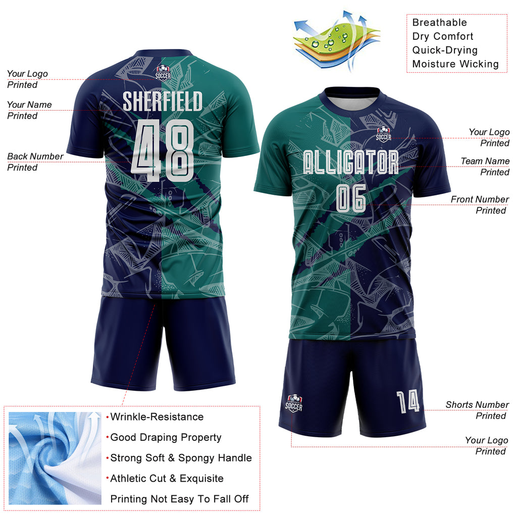 Custom Graffiti Pattern Teal-Navy Scratch Sublimation Soccer Uniform Jersey