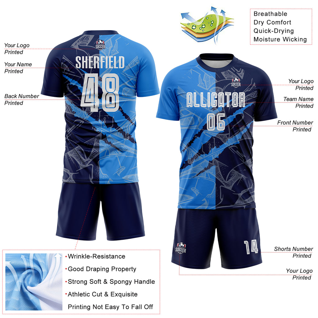 Custom Graffiti Pattern Powder Blue-Navy Scratch Sublimation Soccer Uniform Jersey