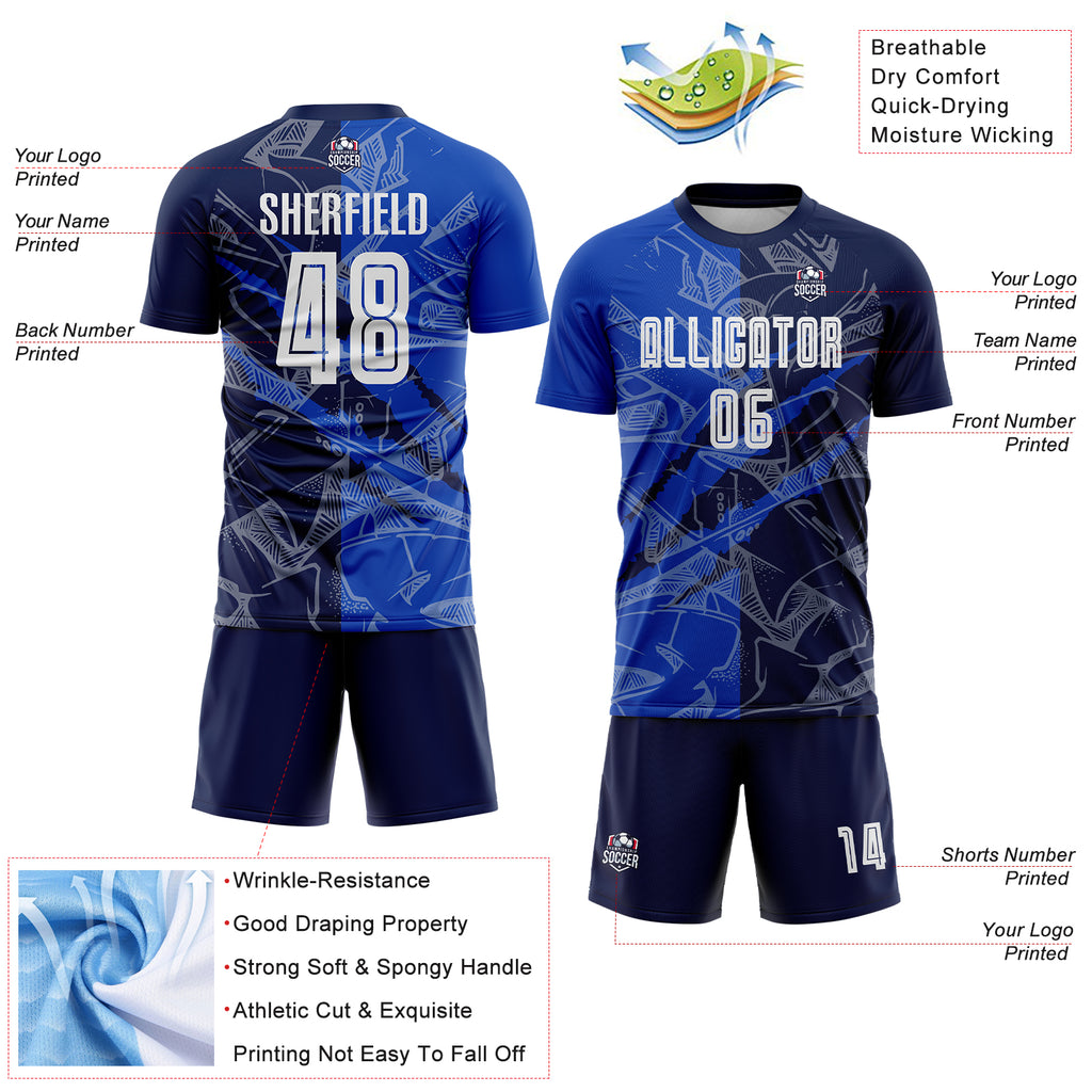 Custom Graffiti Pattern Thunder Blue-Navy Scratch Sublimation Soccer Uniform Jersey