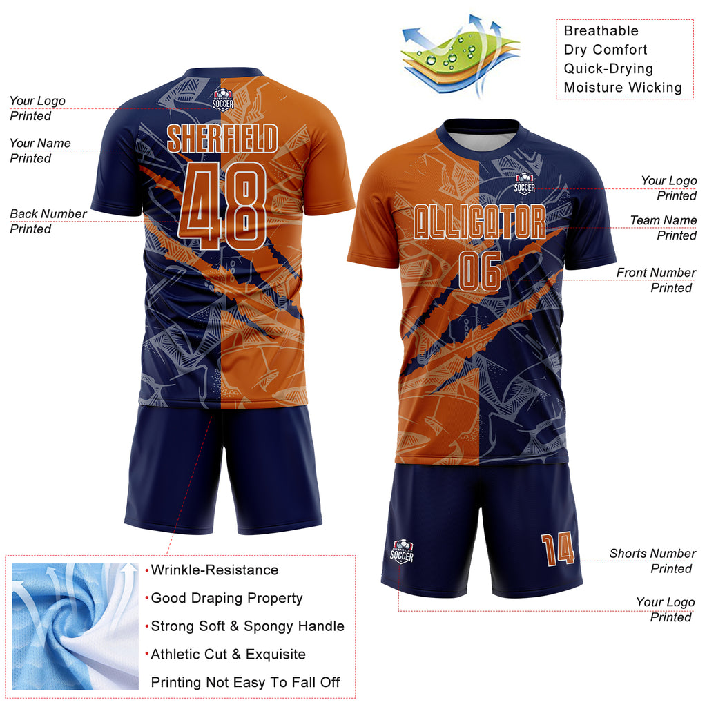 Custom Graffiti Pattern Texas Orange-Navy Scratch Sublimation Soccer Uniform Jersey