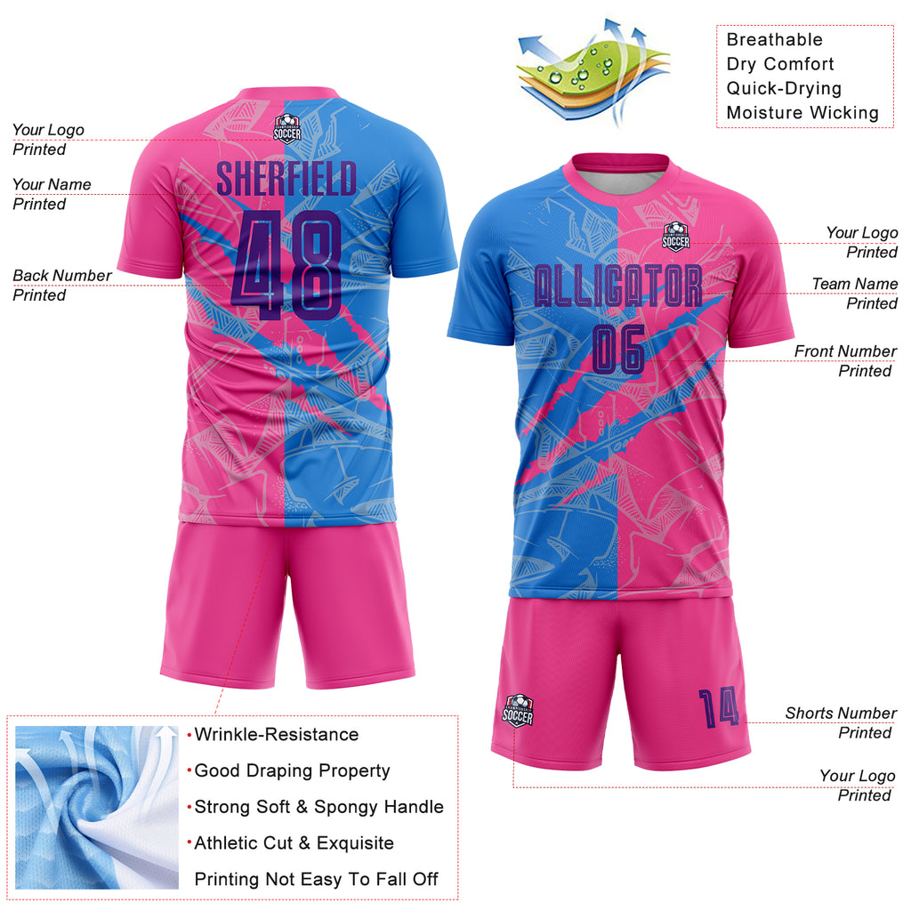 Custom Graffiti Pattern Purple Powder Blue-Pink Scratch Sublimation Soccer Uniform Jersey