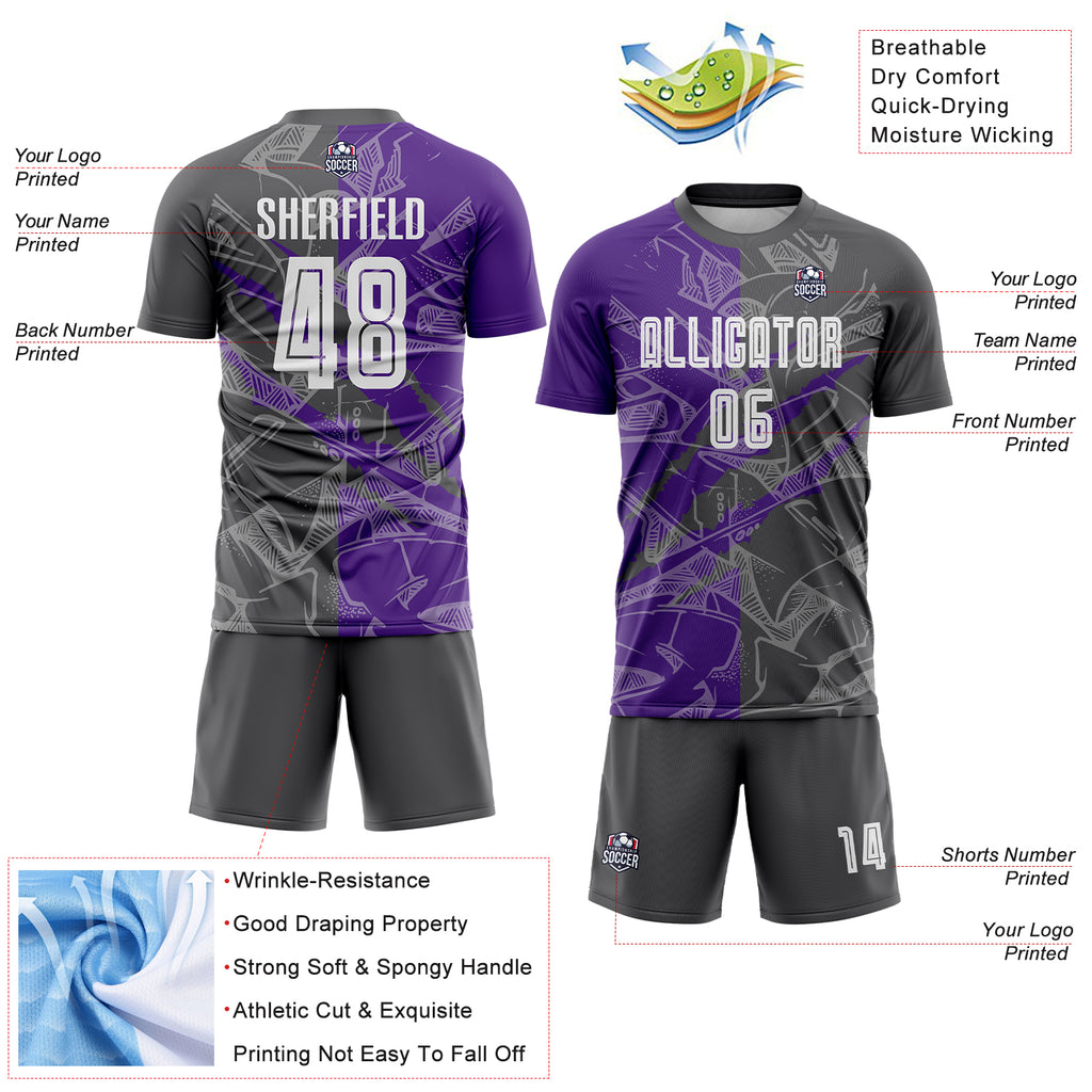 Custom Graffiti Pattern Steel Gray-Purple Scratch Sublimation Soccer Uniform Jersey