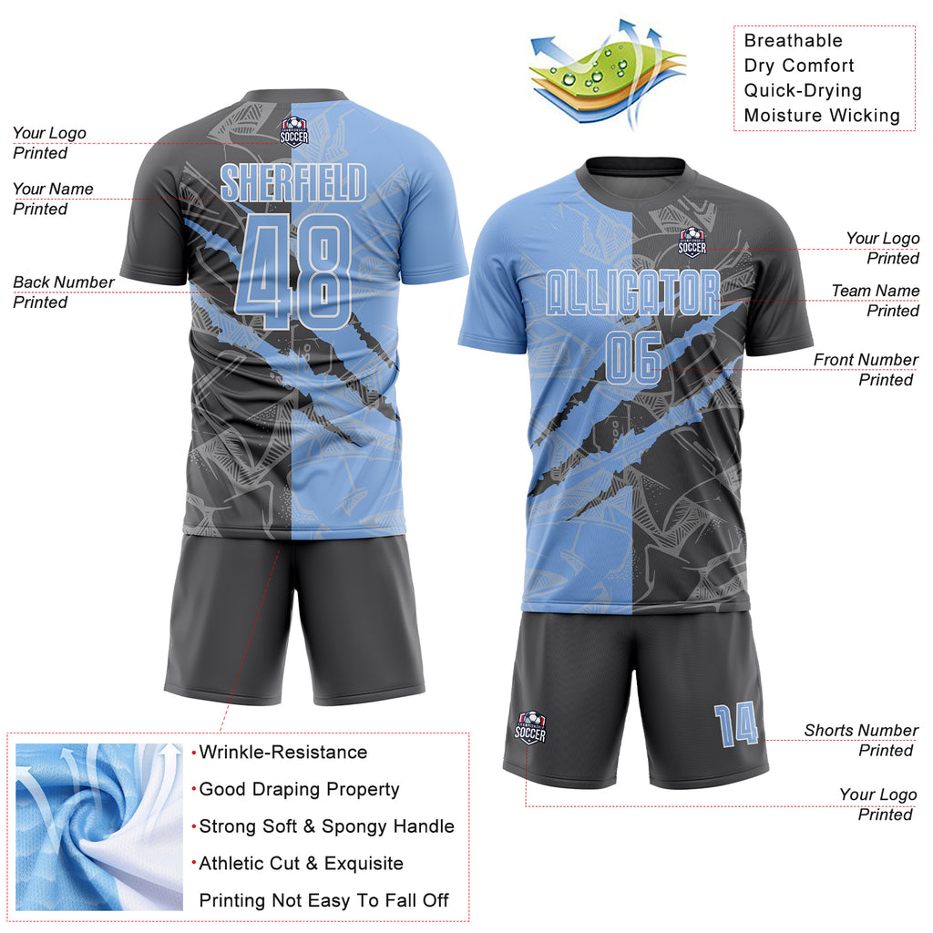 Custom Graffiti Pattern Light Blue-Steel Gray Scratch Sublimation Soccer Uniform Jersey