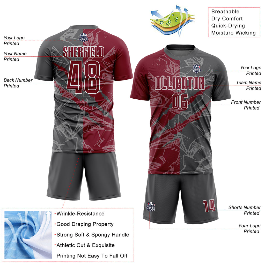 Custom Graffiti Pattern Crimson-Steel Gray Scratch Sublimation Soccer Uniform Jersey