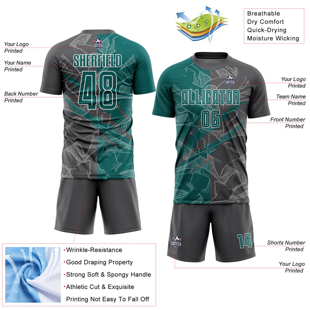 Custom Graffiti Pattern Teal-Steel Gray Scratch Sublimation Soccer Uniform Jersey