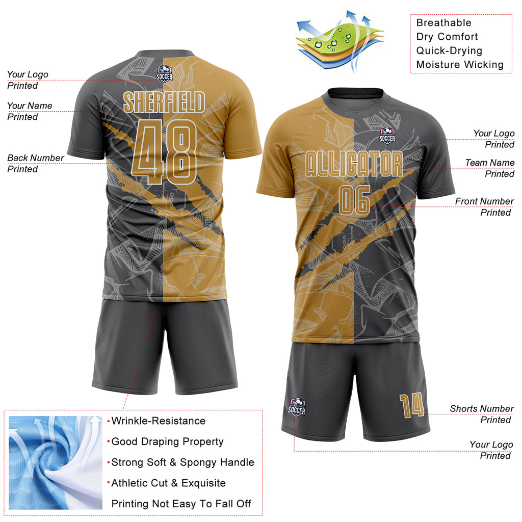 Custom Graffiti Pattern Old Gold-Steel Gray Scratch Sublimation Soccer Uniform Jersey