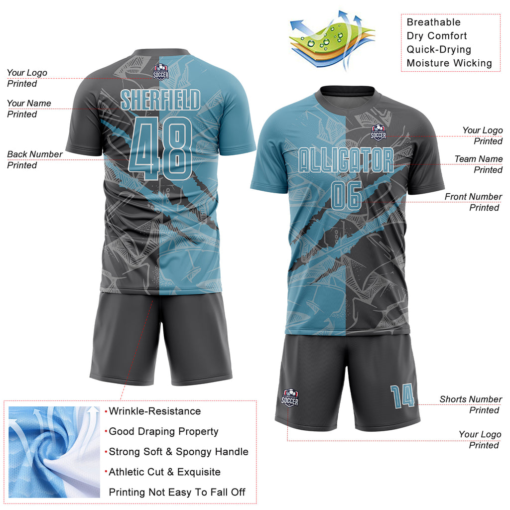 Custom Graffiti Pattern Shadow Blue-Steel Gray Scratch Sublimation Soccer Uniform Jersey