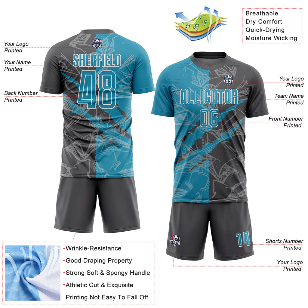 Custom Graffiti Pattern Panther Blue-Steel Gray Scratch Sublimation Soccer Uniform Jersey