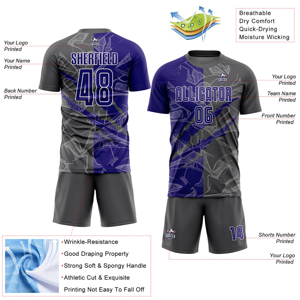 Custom Graffiti Pattern Dark Purple-Steel Gray Scratch Sublimation Soccer Uniform Jersey