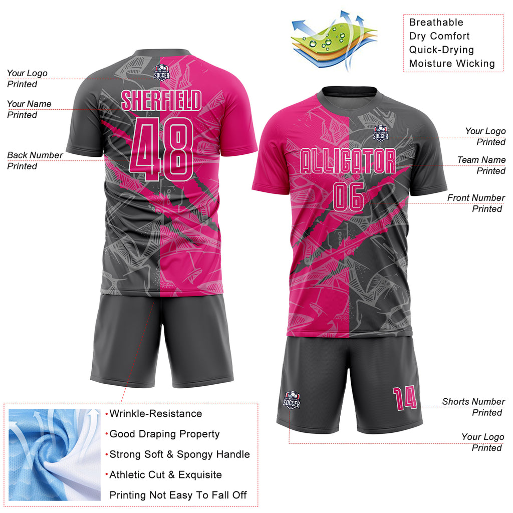 Custom Graffiti Pattern Hot Pink-Steel Gray Scratch Sublimation Soccer Uniform Jersey