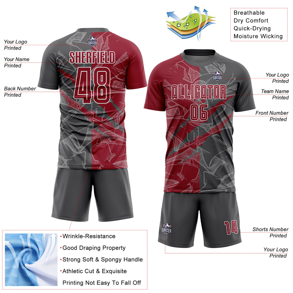 Custom Graffiti Pattern Cardinal-Steel Gray Scratch Sublimation Soccer Uniform Jersey