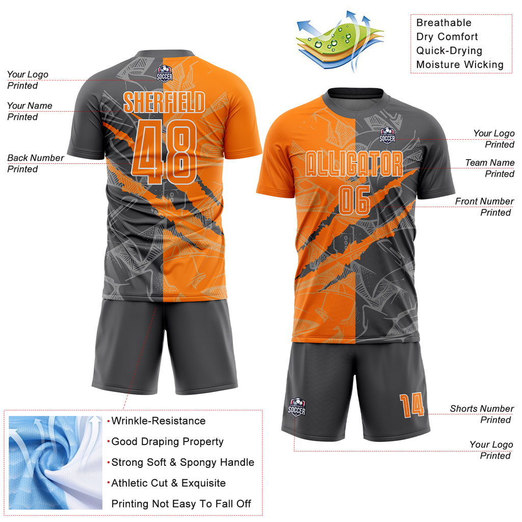 Custom Graffiti Pattern Bay Orange-Steel Gray Scratch Sublimation Soccer Uniform Jersey