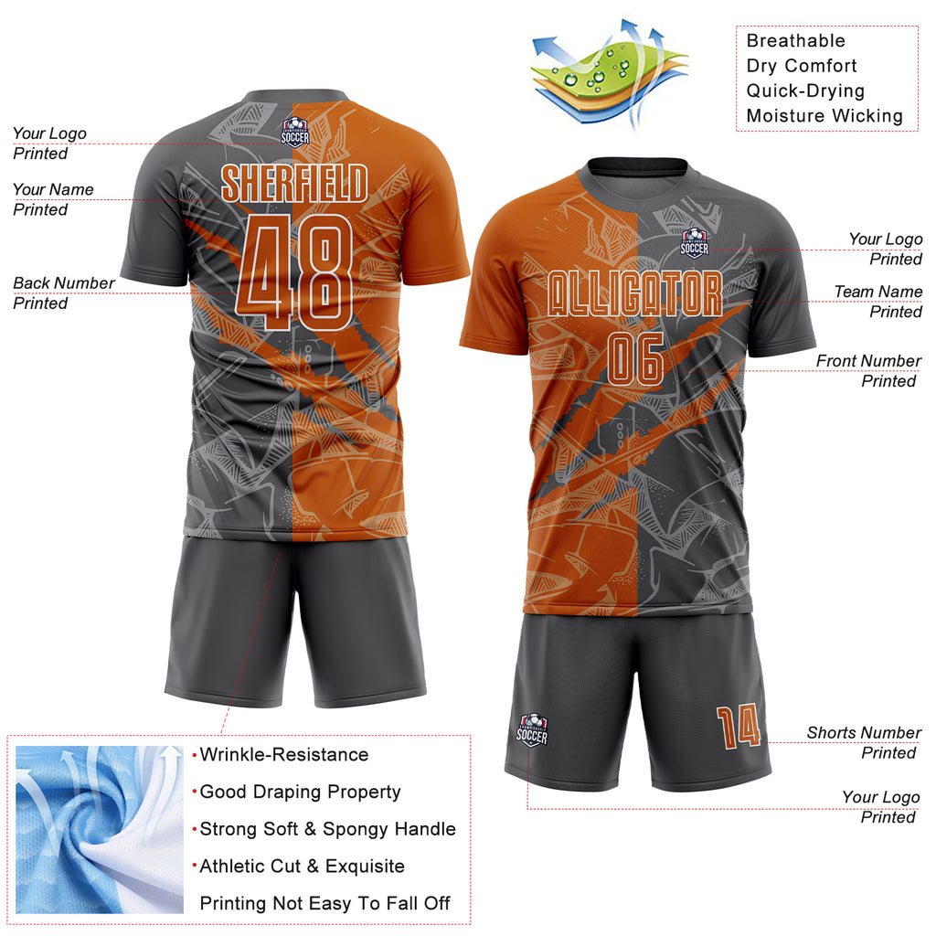 Custom Graffiti Pattern Texas Orange-Steel Gray Scratch Sublimation Soccer Uniform Jersey