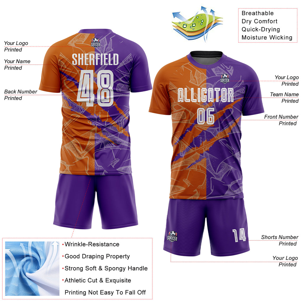 Custom Graffiti Pattern Texas Orange-Purple Scratch Sublimation Soccer Uniform Jersey