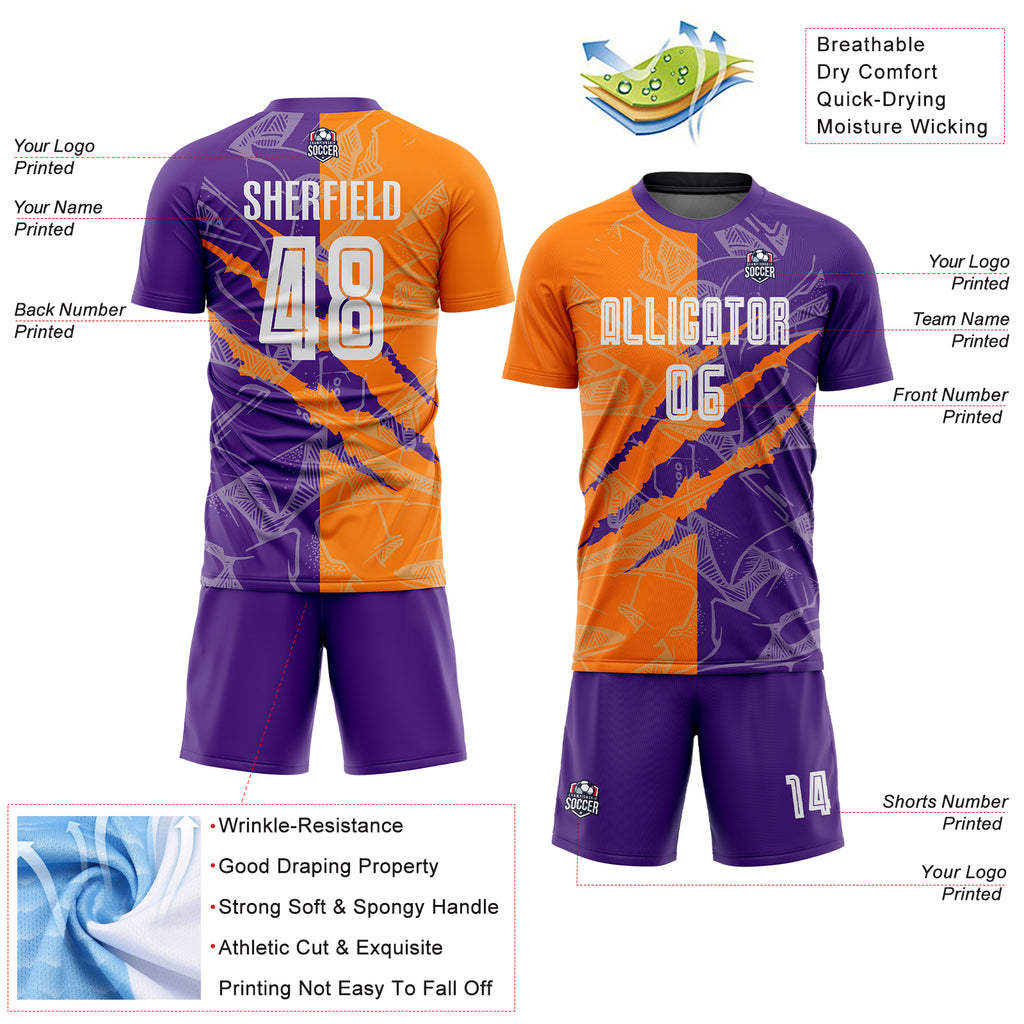 Custom Graffiti Pattern Bay Orange-Purple Scratch Sublimation Soccer Uniform Jersey