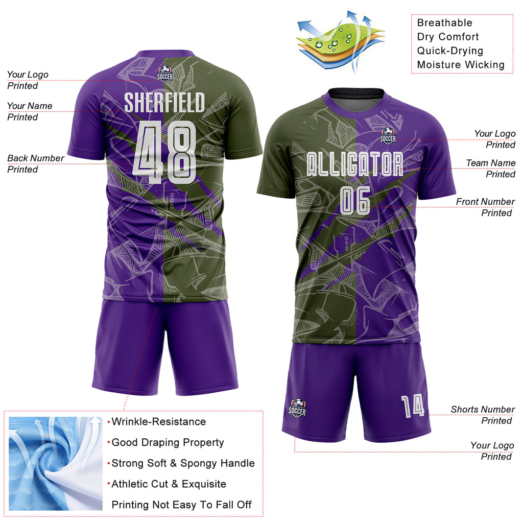 Custom Graffiti Pattern Olive-Purple Scratch Sublimation Soccer Uniform Jersey