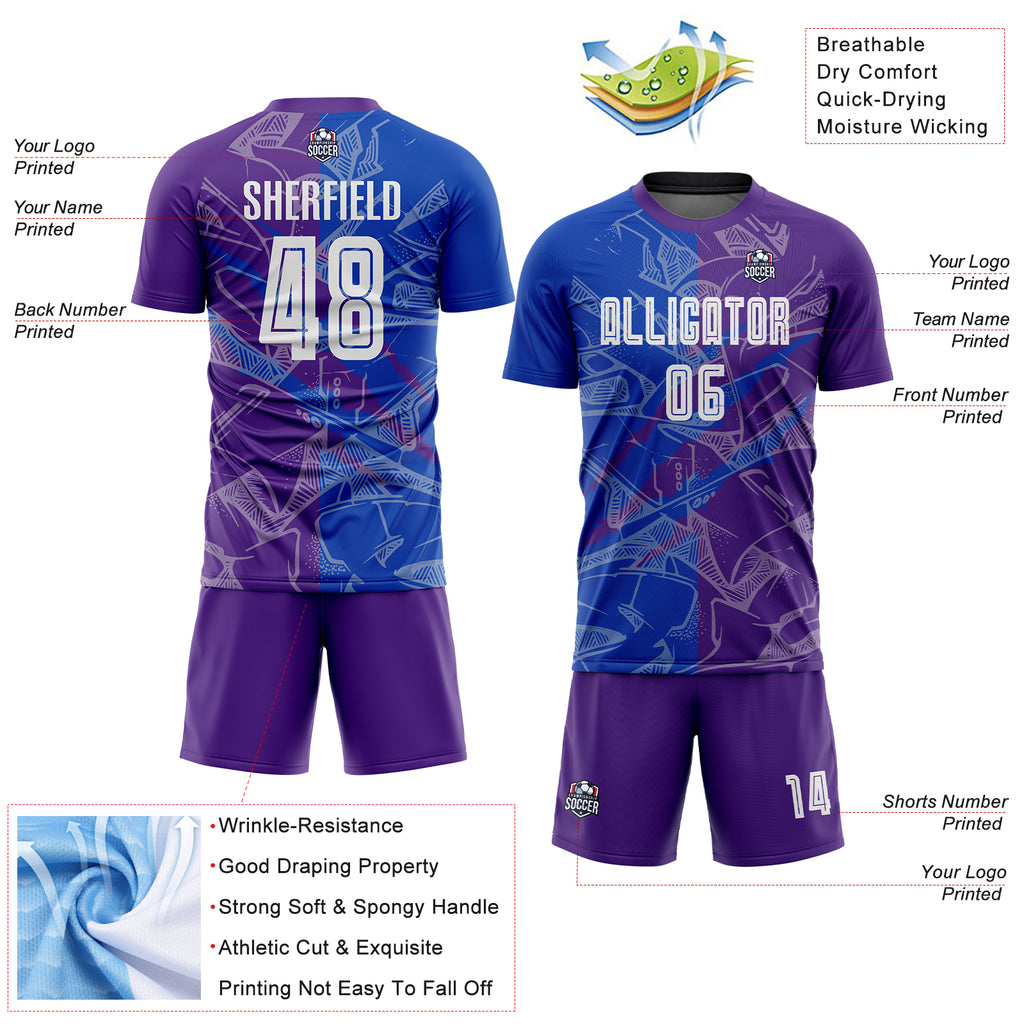 Custom Graffiti Pattern Thunder Blue-Purple Scratch Sublimation Soccer Uniform Jersey